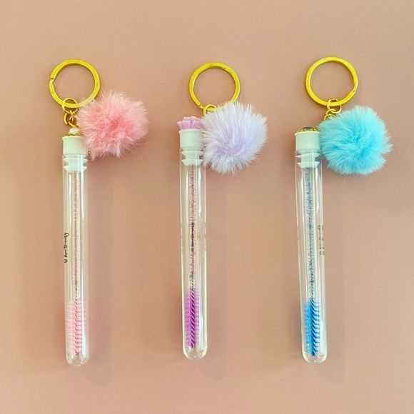 3pcs Tube Eyelash Brush/Spoolie with Furball & Gold Keychain | Mascara Wand - Picture 2 of 6